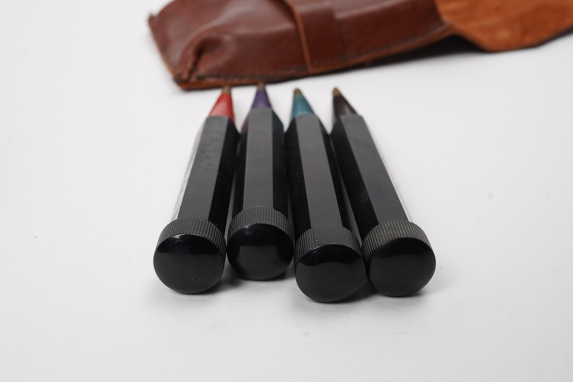 A set of four colour coded pencils in hexagonal form with different coloured sections, German - Montblanc?